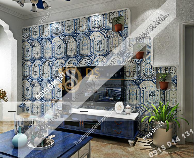 Giấy dán tường giả gạch Bohemian Tây Tạng độc đáo 3D208 màu xanh đậm