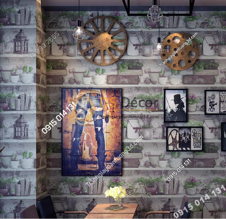 Giấy dán tường họa tiết chậu hoa độc đáo 3D205 trang trí quán cafe