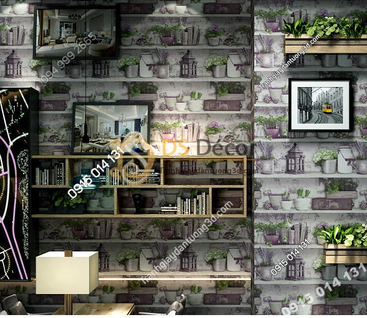 Giấy dán tường họa tiết chậu hoa độc đáo 3D205 trang trí quán trà sữa