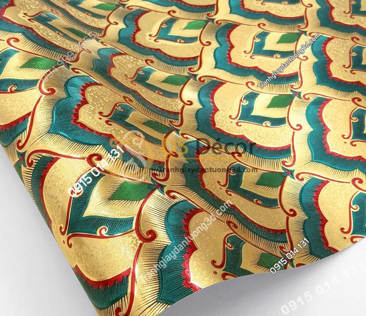 Giấy dán tường họa tiết phật giáo trang trí đền chùa phòng thờ 3D195 màu xanh