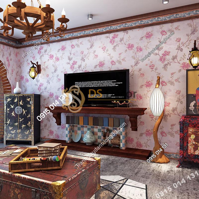 Giấy Dán Tường Hoa Hồng Continental Damascus 3D193 màu hồng trang trí phòng khách