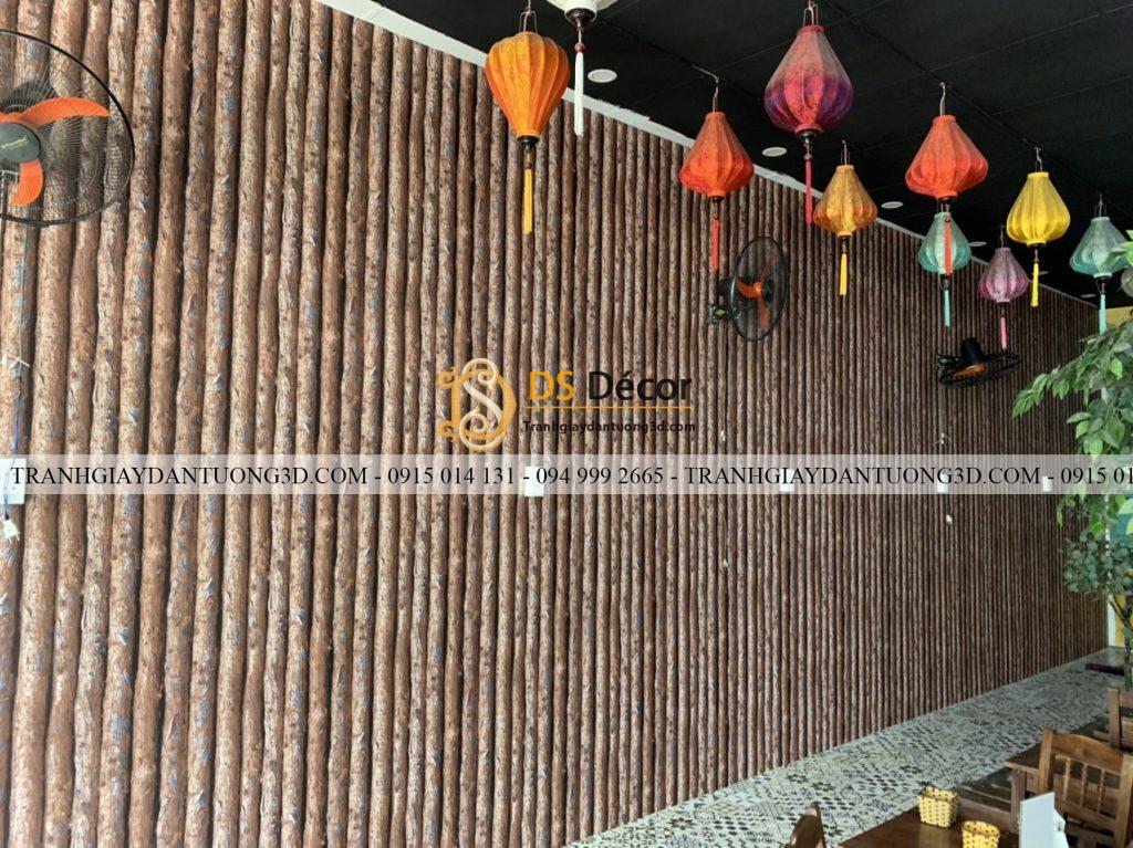 Giấy dán tường giả thân gỗ dọc nâu 3D198 quán ăn