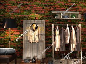 Giấy dán tường 3D gạch đỏ mọc rêu 3D210 màu đậm trang trí shop quần áo