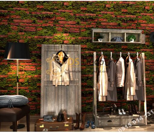 Giấy dán tường 3D gạch đỏ mọc rêu 3D210 màu đậm trang trí shop quần áo