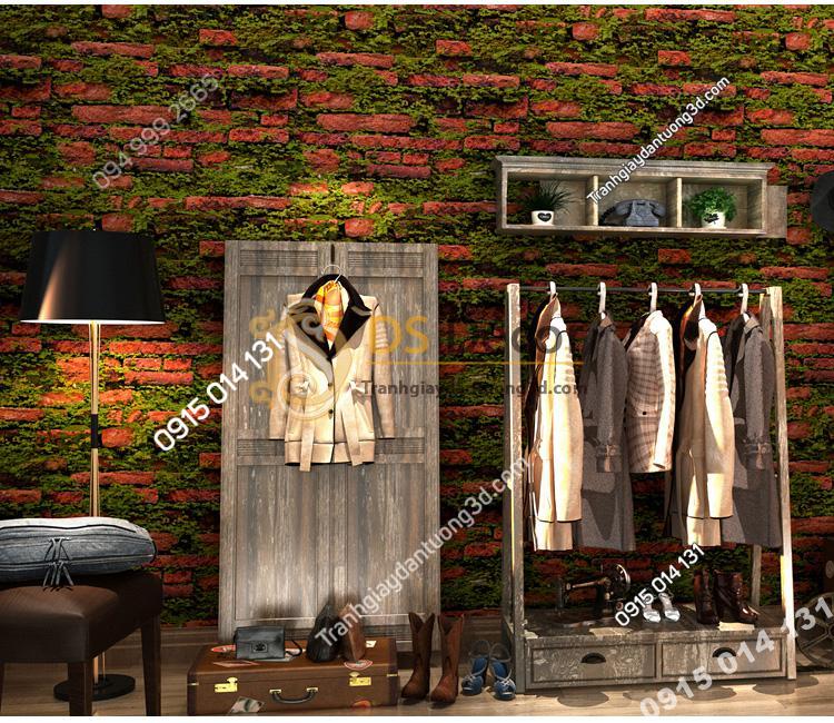Giấy dán tường 3D gạch đỏ mọc rêu 3D210 màu đậm trang trí shop quần áo
