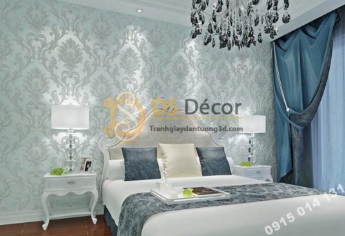 Giấy dán tường hoa cổ điển dập nổi 3D212 màu xanh
