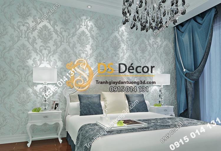 Giấy dán tường hoa cổ điển dập nổi 3D212 màu xanh
