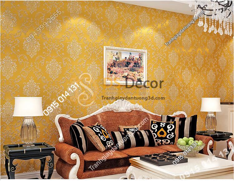 Giấy dán tường hoa cổ điển sang trọng 3D19 màu vàng