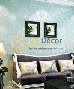 Giấy dán tường hoa cổ điển sang trọng 3D19 màu xanh