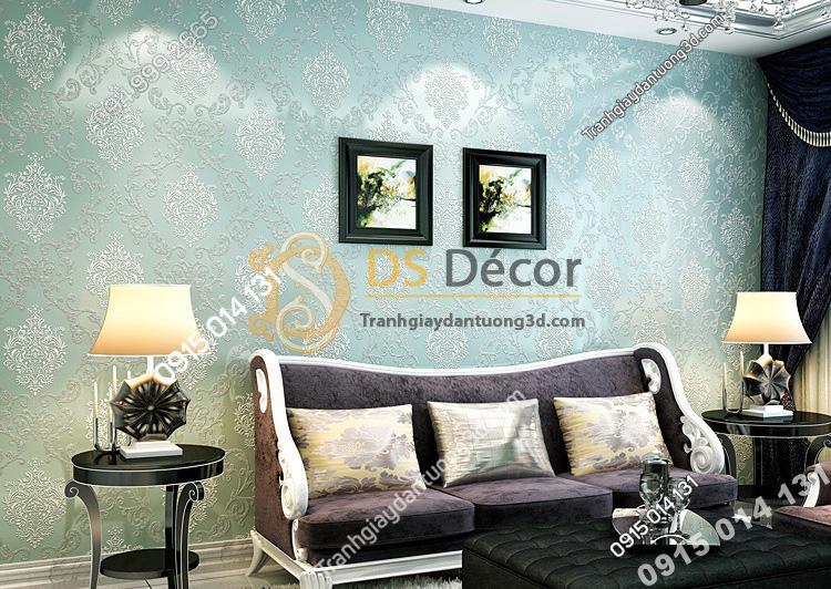 Giấy dán tường hoa cổ điển sang trọng 3D19 màu xanh