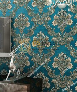 Giấy dán tường hoa dập nổi cổ điển 3D221 màu xanh phòng khách