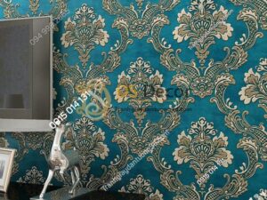 Giấy dán tường hoa dập nổi cổ điển 3D221 màu xanh phòng khách