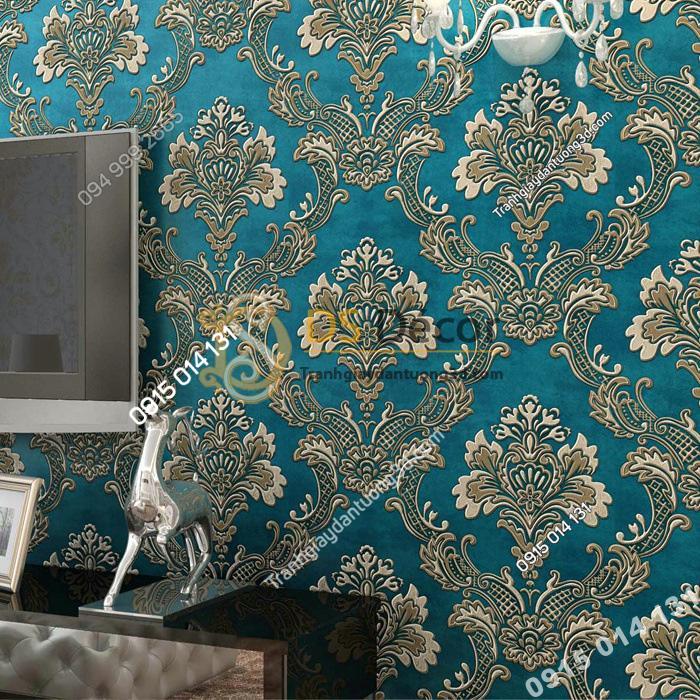 Giấy dán tường hoa dập nổi cổ điển 3D221 màu xanh phòng khách