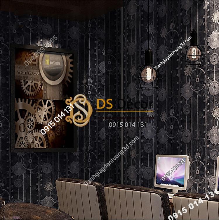 Giấy dán tường họa tiết bánh răng 3D218 màu đen trang trí quán net