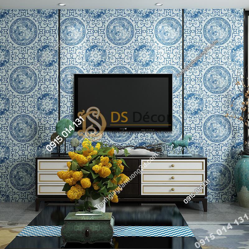 Giấy dán tường họa tiết totem hoài cổ 3D222 màu xanh