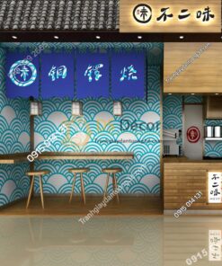 Giấy dán tường phong cách Nhật Bản sóng biển 3D214 màu xanh