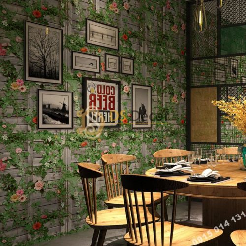 Giấy dán tường quán ăn hoa leo tường gỗ 3D213