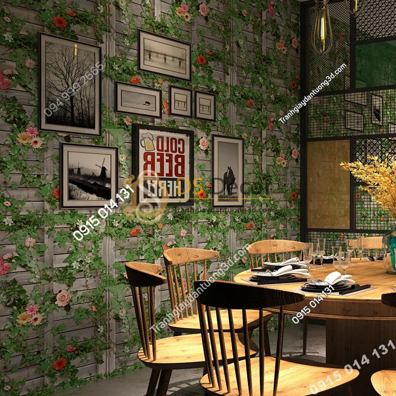 Giấy dán tường quán ăn hoa leo tường gỗ 3D213
