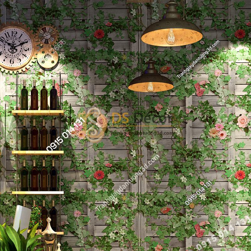 Giấy dán tường quán cafe hoa leo tường gỗ 3D213