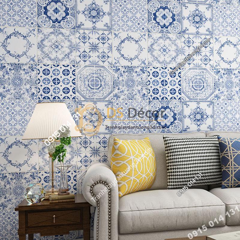 Giấy dán tường giả gạch bông men sư 3D231 màu xanh