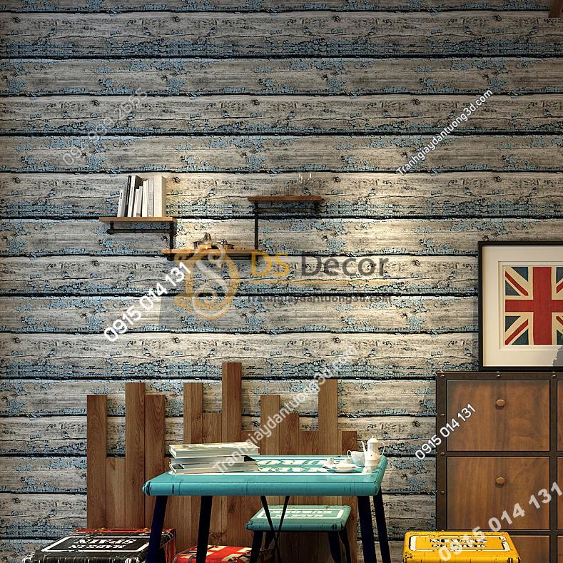 Giấy dán tường giả gỗ cháy độc đáo 3D228 màu xanh
