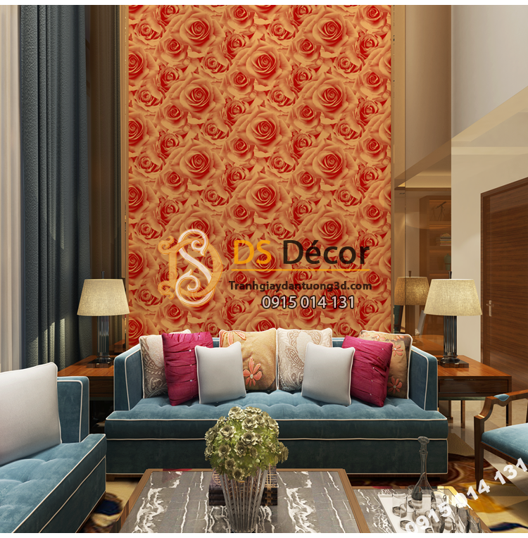 Giay-dan-tuong-hoa-hong-3D232 màu cam phòng khách