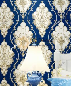 Giấy dán tường họa tiết Damascus Châu Âu màu xanh 3D236