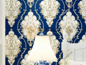 Giấy dán tường họa tiết Damascus Châu Âu màu xanh 3D236