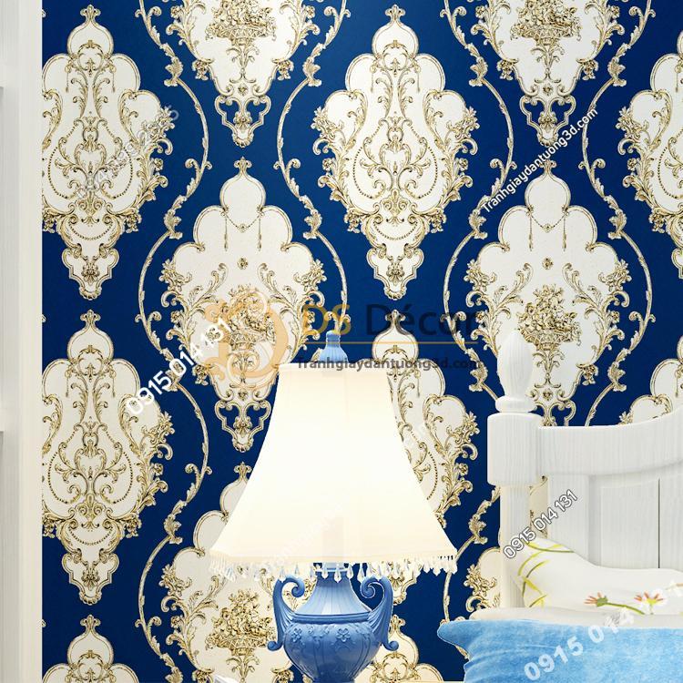 Giấy dán tường họa tiết Damascus Châu Âu màu xanh 3D236