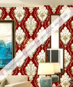 Giấy dán tường họa tiết Damascus Châu Âu màu đỏ 3D236