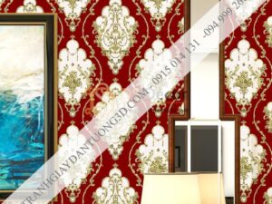 Giấy dán tường họa tiết Damascus Châu Âu màu đỏ 3D236