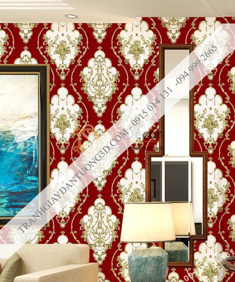 Giấy dán tường họa tiết Damascus Châu Âu màu đỏ 3D236