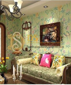 Giấy dán tường họa tiết chim chào mào trong vườn hoan 3D226 màu xanh