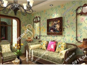 Giấy dán tường họa tiết chim chào mào trong vườn hoan 3D226 màu xanh