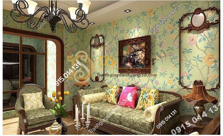 Giấy dán tường họa tiết chim chào mào trong vườn hoan 3D226 màu xanh