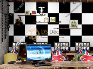 Giay dan tuong caro o vuong trang den 3D243 trang tri quan game