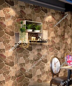 Giấy dán tường giả đá nâu trang trí quán cafe 3D238