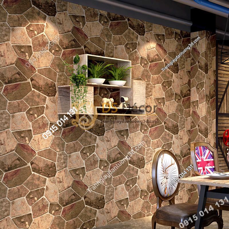 Giấy dán tường giả đá nâu trang trí quán cafe 3D238
