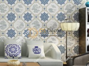 Giấy dán tường giả gạch men cổ màu xanh 3D237