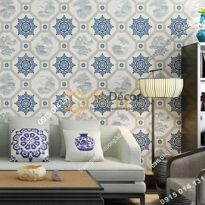 Giấy dán tường giả gạch men cổ màu xanh 3D237