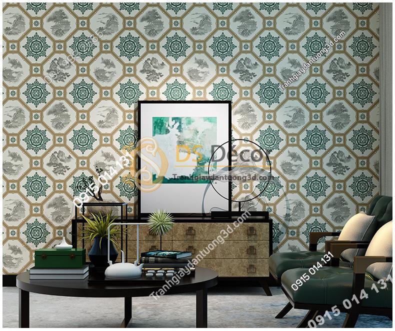 Giấy dán tường giả gạch men cổ màu xanh rêu 3D237