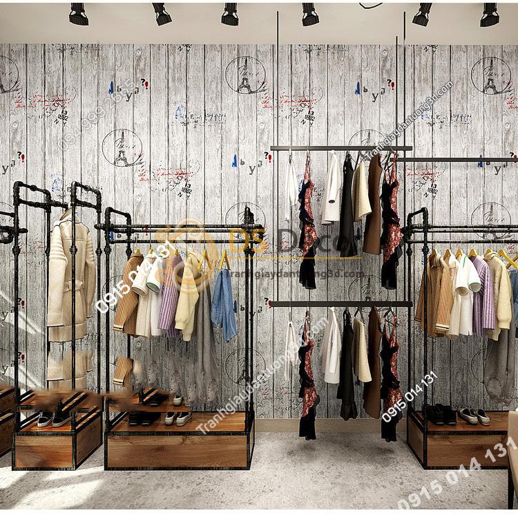 Giay dan tuong go xam hoa tiet con dau thap eiffel 3D250 - 88701A dán shop quần áo