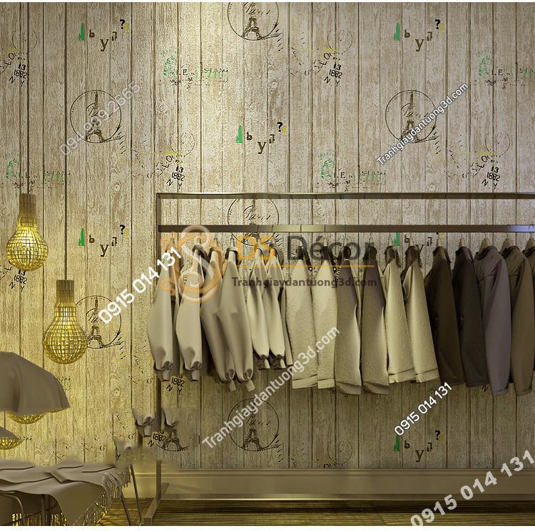 Giay dan tuong go xam hoa tiet con dau thap eiffel 3D250 - 88703A dán shop quần áo