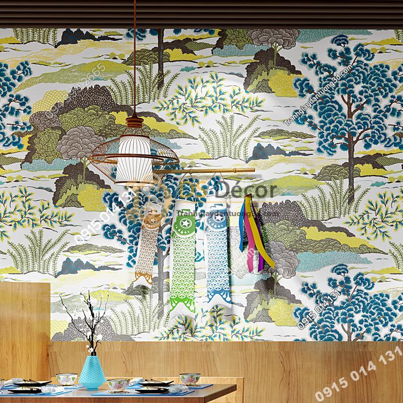 Giay dan tuong phong cach Nhat Ban 3D245 mau xanh vang