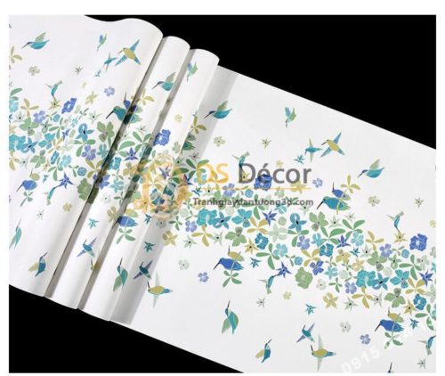 Bề mặt Giấy dán tường họa tiết chim hút mật hoa 3D259 màu xanh