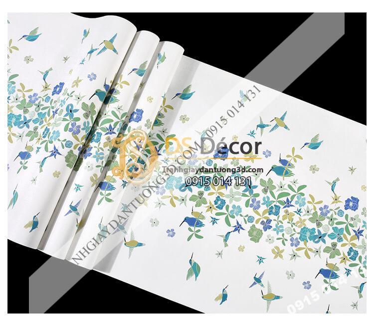 Bề mặt Giấy dán tường họa tiết chim hút mật hoa 3D259 màu xanh