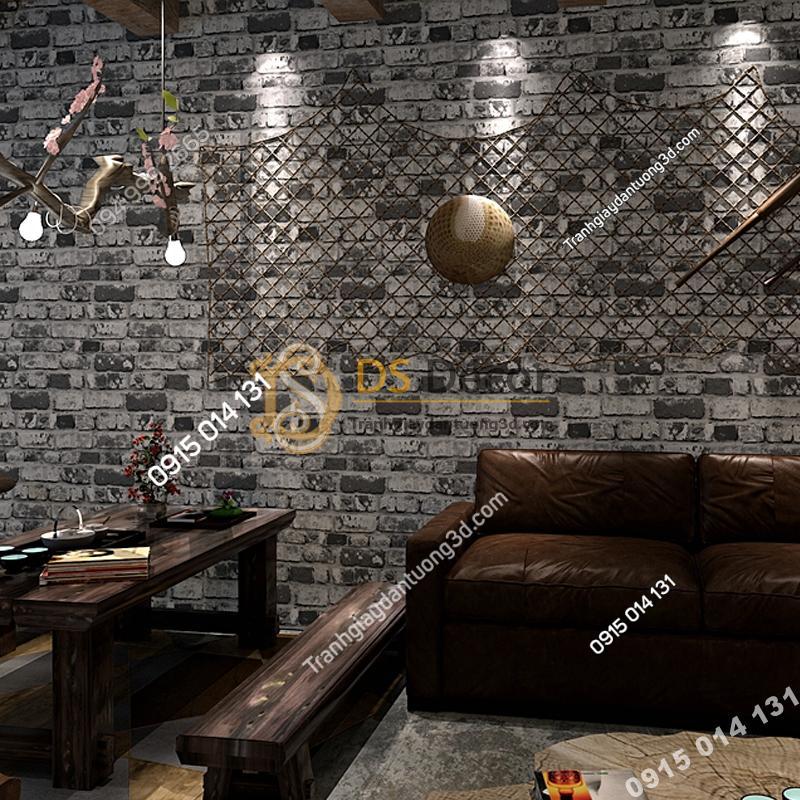 Giay dan tuong giả gach den loang trang 3D251 trang tri quan cafe