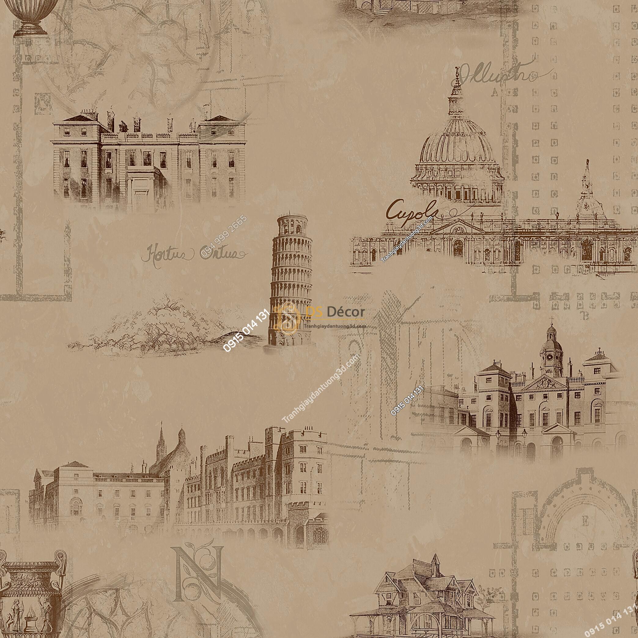 Giay dan tuong hoa tiet ky quan the gioi 3D253 mau nau cafe