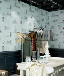 Giay dan tuong hoa tiet ky quan the gioi 3D253 mau xanh