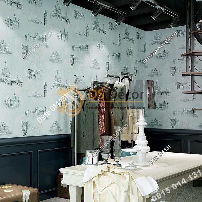 Giay dan tuong hoa tiet ky quan the gioi 3D253 mau xanh